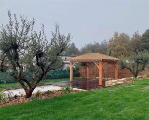 Conception et pose d'une structure bois polyvalente carport près d'une piscine